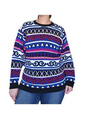 Vintage 80s Cuddle Knit Sweater Blue Red White Men Size S Cosby Retro Winter